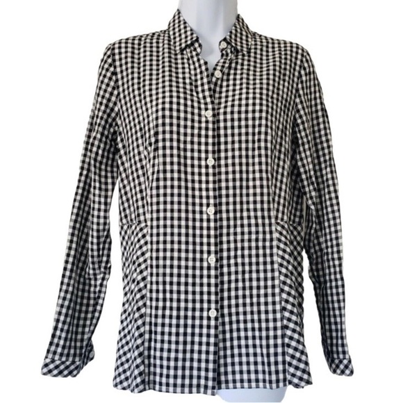 J Jill Gingham Tunic Button Down Top Black white Sz L - Picture 1 of 11